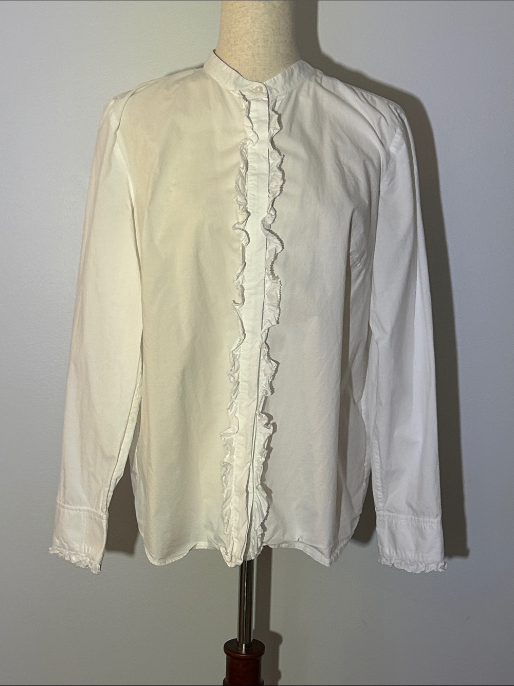 Ann Taylor 100% Cotton White Ruffle Front Button-Down Shirt Romantic
